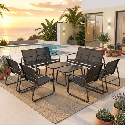 8 Pieces Outdoor Patio Furniture Set, 2 Bench Loveseat + 4 Single Armchairs + 2 Tempered Glass Coffee Tables, Metal Frame Patio Conversation Set for Backyard Poolside Porch, Black2