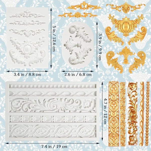 3 Packs Baroque Silicone Molds Scroll Silicone Baroque Mold Clay Molds Fondant Molds Border Fondant Mold Wedding Birthday Cake Decoration2