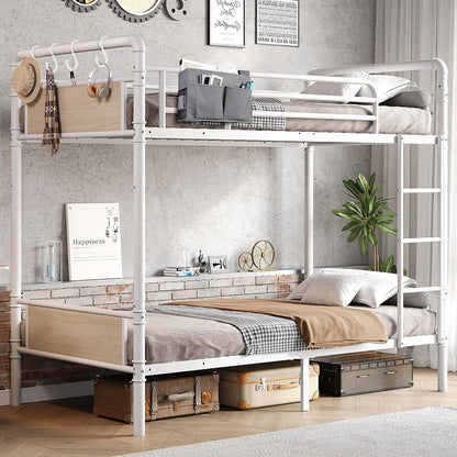 Metal Bunk Bed Twin over Twin, Industrial Bunkbeds Heavy Duty Bed with Safety Guard Rails and Space-Saving Design, Steel Bed for School, Bedroom (White)1