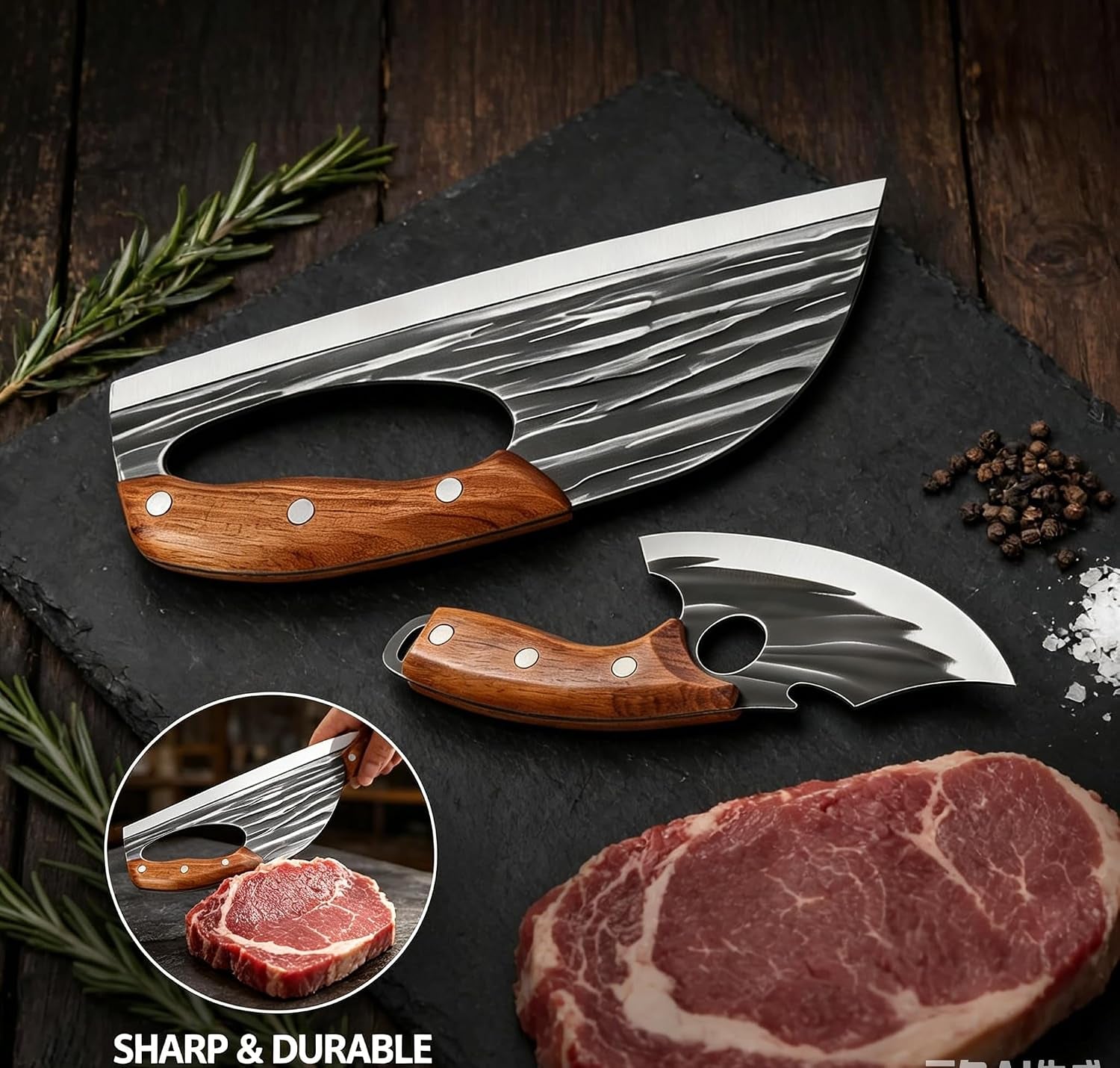 2pcs-premium-hand-forged-kitchen-knife-set-sharp-carbon-steel-chef-knife-meat-cleaver-ergonomic-non-slip-wood-handle-with-leather-sheath-for-home-cooking-meat-veggie-cutting-bbq-camping-c