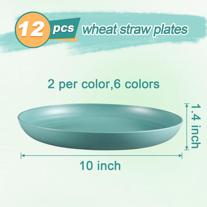 12 Pcs Unbreakable Deep Dinner Plates Set, 10 Inch Reusable Plastic Wheat Straw Plates, Microwave and Dishwasher Safe Plate for Kitchen, Lightweight Plate for Dessert, BPA Free, 6 Colors2