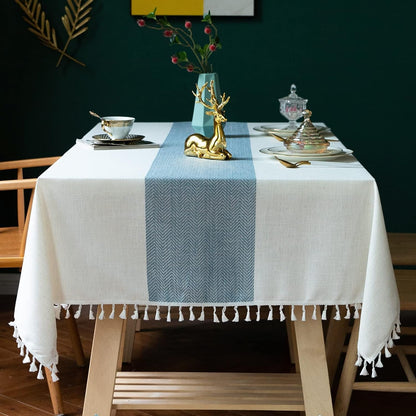 Tablecloths for Rectangle Tables,Cotton Linen Table Cloth Waterproof Tablecloth Wrinkle Free Farmhouse Dining Tables Cover,Soft Fabric Table Cloths with Tassels, Blue,55" X 70",4-6 Seats1