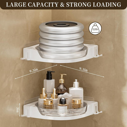 Corner Shower 2 Tier Caddy Lazy Susan Organizer 360 Rotating Corner Shelf Wall Mounted with No Drilling Shelves for Bathroom Dorm and Kitchen (White)3