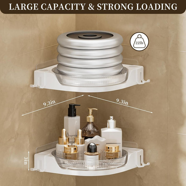 Corner Shower 2 Tier Caddy Lazy Susan Organizer 360 Rotating Corner Shelf Wall Mounted with No Drilling Shelves for Bathroom Dorm and Kitchen (White)3