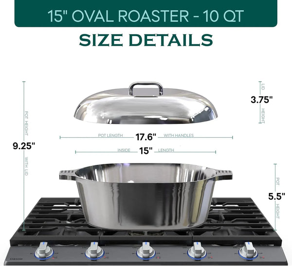 Cast Aluminum Oval Dutch Oven with Lid - 10 QT Heavy Duty & Lightweight Roaster Pan with Rack & Silicone Cover Dual Handles — Cajun Cookware for Roasting, Baking, Cooking (15" - Large)4
