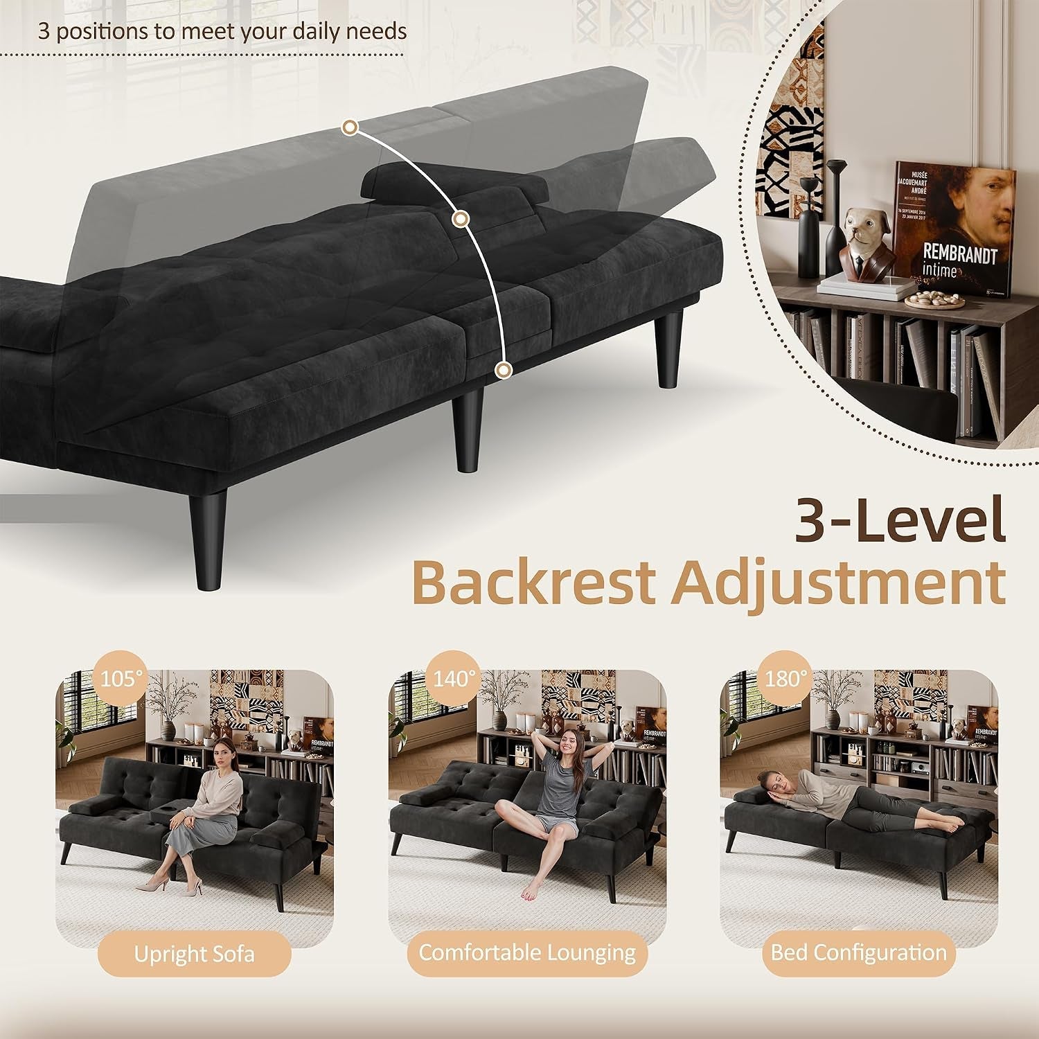 64-futon-sofa-bed-velvet-foldable-couch-upholstered-loveseat-sofa-couch-with-folding-cup-holders-reclining-sleeper-with-removable-armrests-for-home-office-black
