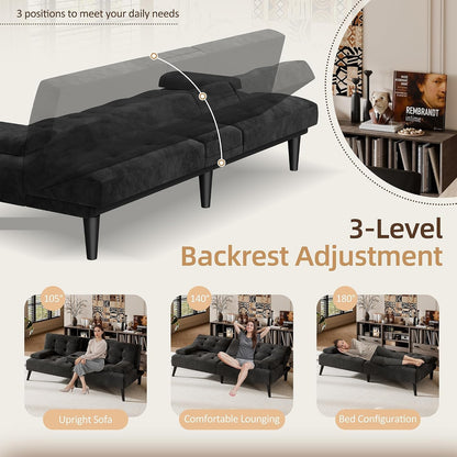 64" Futon Sofa Bed, Velvet Foldable Couch, Upholstered Loveseat Sofa Couch with Folding Cup Holders, Reclining Sleeper with Removable Armrests for Home, Office, Black5