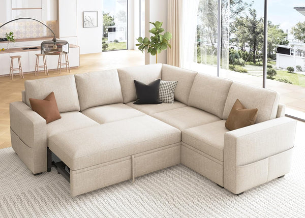 Modular Sectional Sleeper Sofa with Pull Out Bed, L Shaped Couch with Storage Seat, Convertible Sectional Couches for Living Room, Beige1