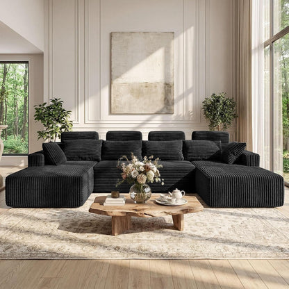 Boneless Couches for Living Room - 134" Modular Sectional Sofa U Shaped Oversized Deep Seat High Back Corduroy No Assembly Modern Cloud Big Comfy Floor Couches (Black)4