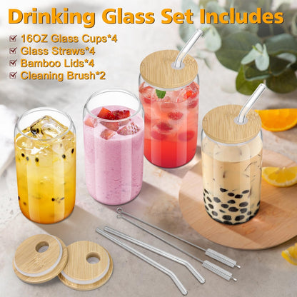 Glass Cups with Lids and Straws - 16 Oz Glass Drinking Cups Set for Coffee | Glass Cups with Bamboo Lids, Iced Coffee Cup, Home Essential, Coffee Bar Accessories, Glass Tumbler, Reusable, 4 Pack2