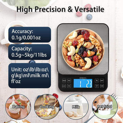 Large Kitchen Scale 0.1G/0.001Oz High Precision, 11Lb Bakery Scale | % Percentage Function, USB Rechargeable, Full-View Angle LCD with Backlight, Stainless Steel Pan3