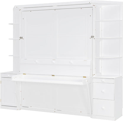 Queen Murphy Bed with Storage Shelves and Desk,Cabinets,Lights,White9