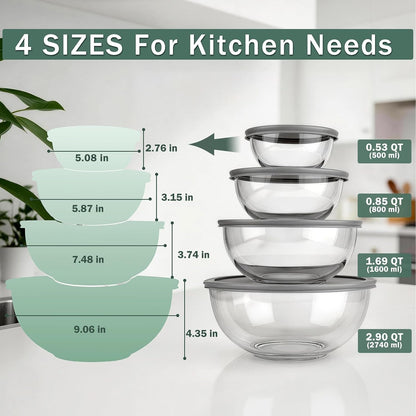 Glass Mixing Bowls with Lids Set of 4,Glass Bowls with Lids Large Mixing Bowl Salad Bowls Space-Saving Nesting Bowls Serving Bowls Storage Container for Cooking,Baking,Prepping2