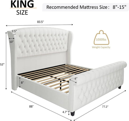 King Size Upholstered Sleigh Platform Bed Frame with Headboard2