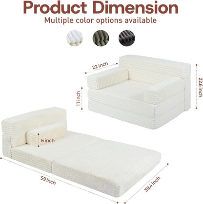 Folding Sofa Bed,Convertible Sofa Bed with Armrest Foldable Sleeper Chair, Portable Folding 4-In-1 Floor Sofa with Convertible Lounge Chair for Living Room,Bedroom,Washable Cover,White Single2