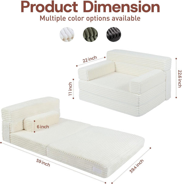 Folding Sofa Bed,Convertible Sofa Bed with Armrest Foldable Sleeper Chair, Portable Folding 4-In-1 Floor Sofa with Convertible Lounge Chair for Living Room,Bedroom,Washable Cover,White Single2