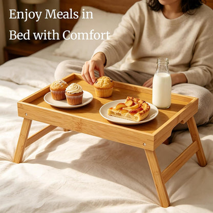 2 Pack Bamboo Bed Tray Table with Folding Legs,Breakfast Trays,Serving Tray for Food and Snack,Laptop Trays for Working(Natural)2