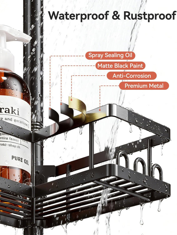 Corner Shower Caddy Tension Pole, 25.7-109.1In Adjustable Shower Shelves, Rust-Resistant Shower Organizer, No-Drill 3-Step Installation, Bathroom Shelves for Renters & Family, Black5