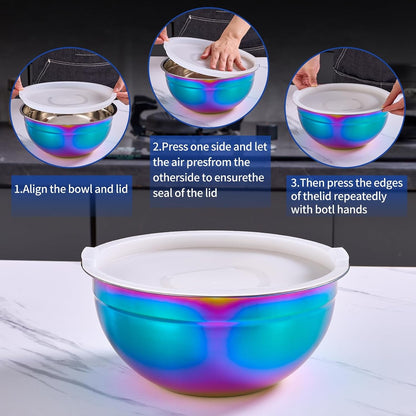 Colorful Mixing Bowls with Airtight Lids, Stainless Steel Nesting Mixing Bowls Set of 7, Ideal for Baking, Prepping and Serving Food, Size 7, 3.6, 2.7, 2.1, 1.5, 1.1,0.8 QT, Stackable Design3