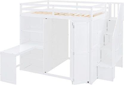 Full Size Loft Bed, Wood Bedframe with Wardrobe, Storage Stairs, Desk and Shelves for Kids Teens Adults Bedroom, White4