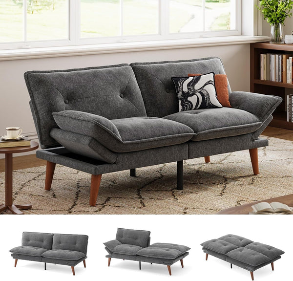Futon Sofa Bed, 70" Chenille Futon Couch with Adjustable Backrest Armrest, 3 in 1 Convertible Comfy Loveseat Sleeper Sofa Bed for Small Spaces Dorm Room Apartment Home Office(Dark Grey)1