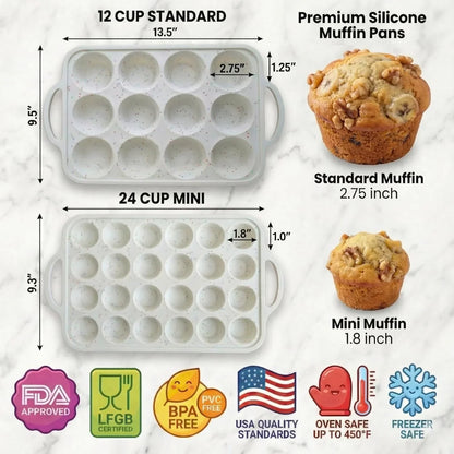 Silicone Muffin Pans, 2-Pack Regular 12 Cup & Mini 24 Cup, Bpa-Free | Metal Reinforced Silicone Muffin Pans for Baking, Nonstick Silicone Cupcake Pan, Easy Release Surface, Dishwasher Safe2