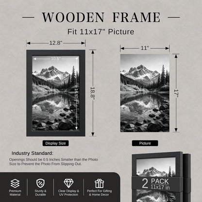 11X17 Picture Frame, Black Wood Poster Frames for Wall Display, 2 Pack2