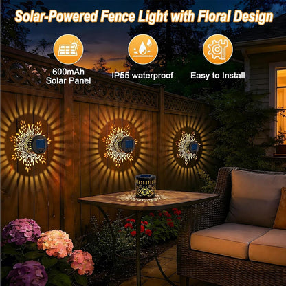 2 Pack Solar Fence Lights, Metal Flower Pattern Solar Powered Wall Lights3