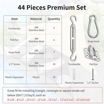 Sun Shade Sail Hardware Kit 6 Inch for Rectangle & Triangle Shade Sail Install, Stainless Steel Shade Sail Fixing Accessories for Outdoor Patio Canopy Garden, Heavy Duty Awning Attachment Set (44 Pcs)6