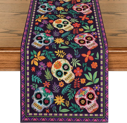Day of the Dead Mexican Table Runner,Sugar Skull Linen Tablecloth for Dia De Los Muertos Mexican Party Firesta Holiday Kitchen Dining Room Home Decoration，13"X 72"1