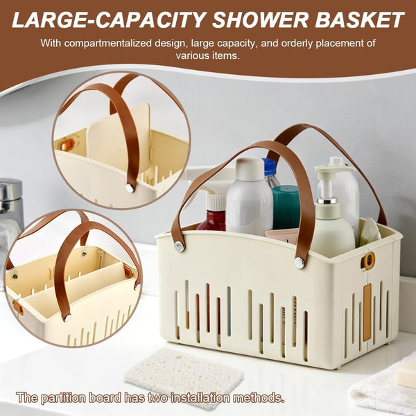 Portable Shower Caddy with Cleaning Sponge, Foldable Shower Storage Basket with Handle and Adjustable Divider, Quick Dry Bathroom Organizer Bin for Bathroom,Dorm,College,Camp,Travel(Color:Cream)3