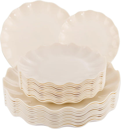 LIYH 24 Pcs Plastic Plates Reusable,Unbreakable Dinner Plates, Scalloped Plastic Plates, Dishwasher Safe,Ivory Plate Sets Perfect for Parties, Birthday, Picnics, BPA Free(12Guests)1