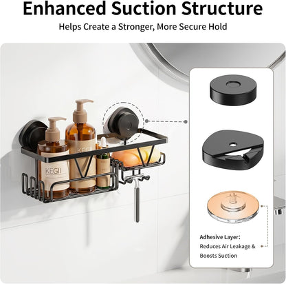 Shower Caddy Suction Cup with Soap Holder and Hooks, Matte Black3
