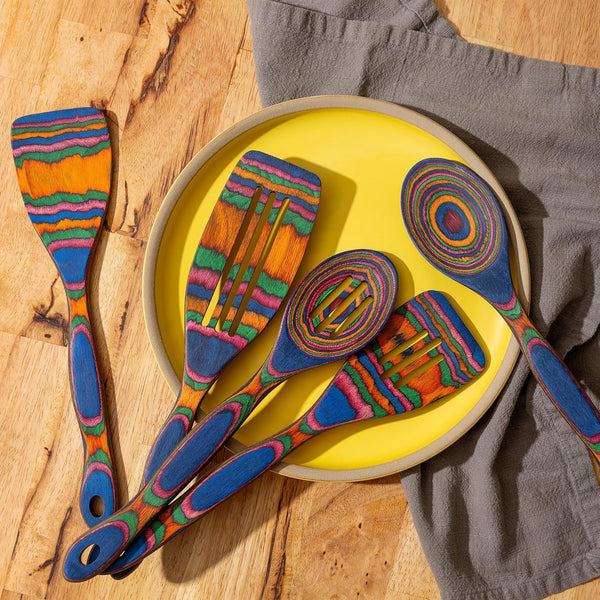 5Pc Wood Cooking Utensils Set - Wooden Spoons for Cooking – Pakka Wood Utensils for Cooking and Serving – Comfortable Grip and Non Stick (Blue Rainbow)8