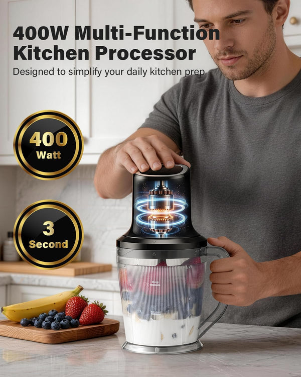 3-In-1 Small Food Processor/Blender, 400W Powerful Food Chopper with 6-Cup Jar, 4-Cup Processor Bowl & 2-Cup Chopper Bowl, for Food Prep, Smoothies and Milkshakes2