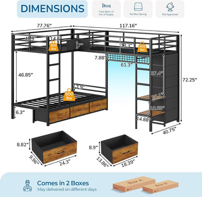 Triple Bunk Bed with 9 Storage Drawers and LED Lights, Twin over Twin 3 Bed Bunk Beds for Kids with Shelves and Pegboard, Heavy-Duty Metal Bunk Bed with Full-Length Guardrail and Dual Ladders, Black2