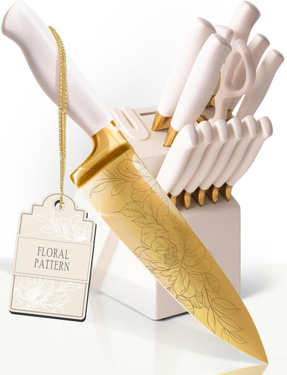 White and Gold Knife Set with Elegant Floral Pattern, 14-PC | Golden Titanium-Coated Stainless Steel Gold Knives with Block, Ultra-Sharp, Durable Kitchen Knife Block Set1