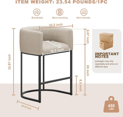 26" H Counter Height Bar Stools Set of 2, Modern Barrel Counter Stools with Backrest and Arms, Linen Fabric Upholstered Accent Barstools for Kitchen Island,Support 450 LBS (Beige)2