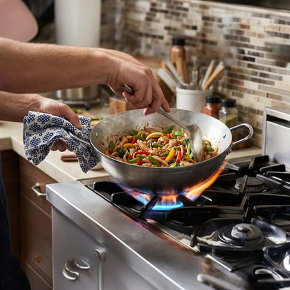 13” Carbon Steel Wok – Flat Bottom Stir Fry Pan with Dual Steel Handles – Includes Convertible Wood Trivet Lid – Pre-Seasoned, Induction & Gas Compatible – Professional Grade Cookware2