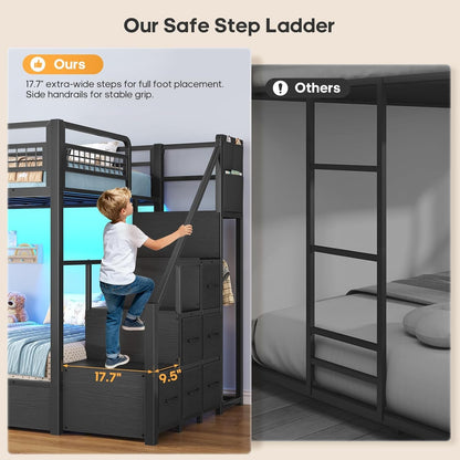 Bunk Bed Twin over Twin with Stairs, Storage Drawers and LED Lights3