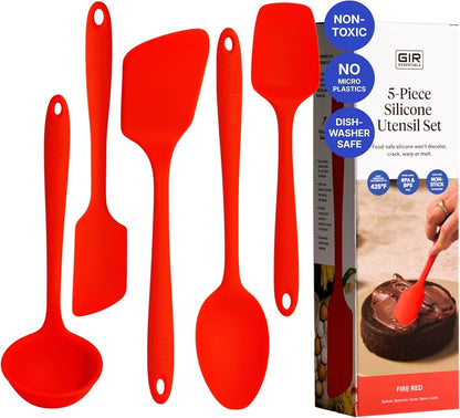 5-Piece Silicone Kitchen Utensils Set, Non-Toxic Cooking Utensils for Cooking and Baking, Heat Resistant, Food Grade, Dishwasher Safe Rubber Spatula, Ladle, Spoon - Fire Red1