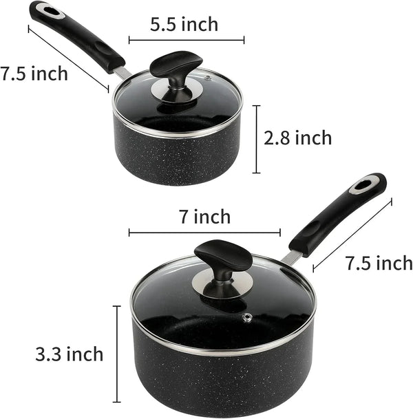 Nonstick Saucepan Set - 1 Quart and 2 Quart,Ultra Non Stick Sauce Pan Small Pot with Glass Lid,Great for Home Kitchen Restaurant,Black3