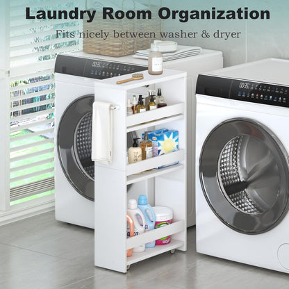 Slim Rolling Storage Cart, Wood Utility Kitchen Bathroom Laundry Cart | 4 Tier Kitchen Cart with Wheels Handle, Laundry Room Organization, Narrow Bathroom Storage Cabinet, 5.5" Wide Storage Trolley4
