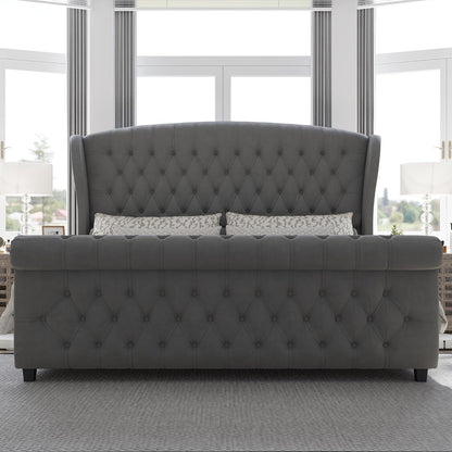 King Size Upholstered Sleigh Platform Bed Frame with Headboard3