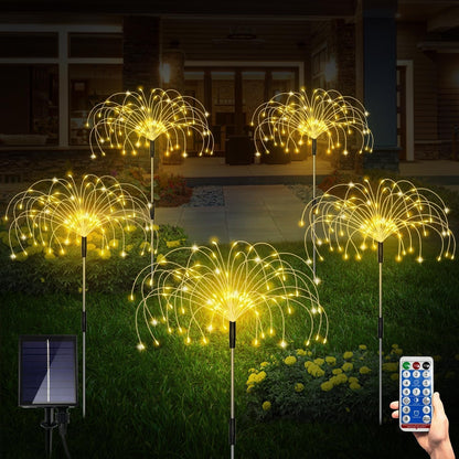 Solar Garden Lights, Outdoor Firework Lights, 5 Pack 120 LED Decorative Stake with Remote, 8 Modes DIY Landscape Light Waterproof Lamps for Walkway Pathway Backyard Lawn (Warm)1