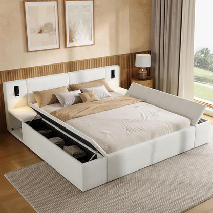 Bouclé Upholstered Platform Bed with Headboard, Hidden Storage,White1