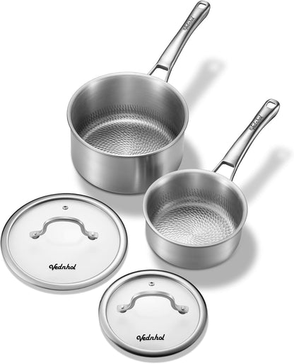 Titanium Sauce Pans for Cooking, 1.5&2.5QT Pure Titanium Hammered Pro with Two Lids, Non-Toxic Skillet for Cooking, PFAS/PFOA/PTFE Free Cookware, Dishwasher&Oven Safe, Kitchen Induction Compatible1