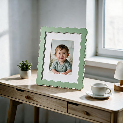 5X7 Cute Picture Frame, Wavy Curved Photo Frame with 4X6 Mat and Real Glass, Unique Funky Frame for Table and Wall Display, Home Office Desk Decoration Art, Gift (5X7, Sage Green)5