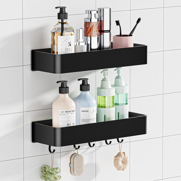 Shower Caddy Adhesive, No Drill Rustproof Bathroom Shelf, 2 Pack Large Capacity Aluminum Shower Shelves, Shower Organizer Rack with 5 Removable Hooks,Black/30Cm1