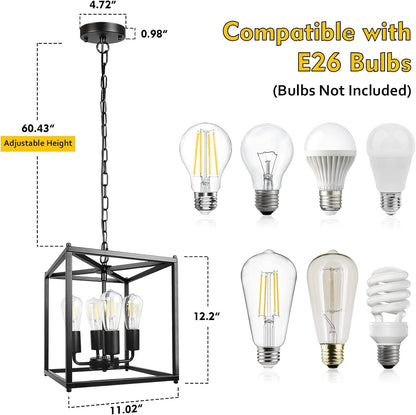 4-Light Black Farmhouse Chandelier, Iron Lantern Pendant Light Rustic Cage Adjustable Height, E26 Base Industrial Hanging Lights for Kitchen Island Dining Room Hallway Foyer Entryway4